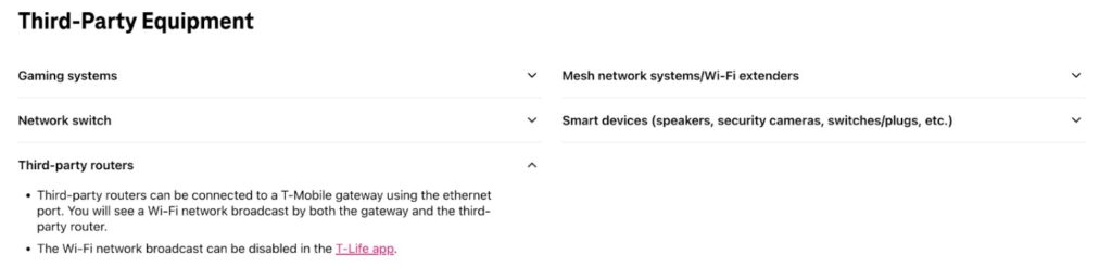 A screenshot of the third-party equipment of T-mobile connections.