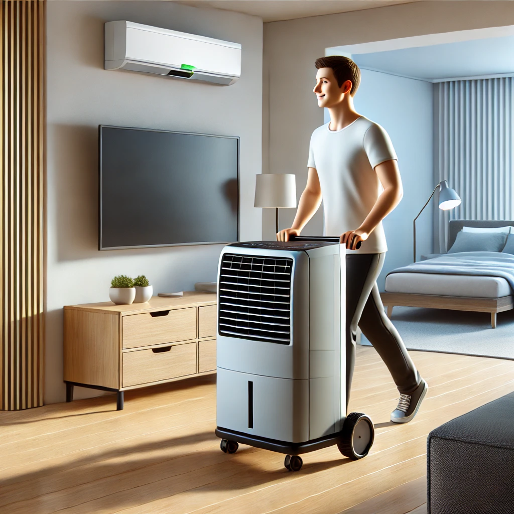 User rolling portable AC between rooms; overlay icons showing no drilling, easy setup, and low upfront cost.