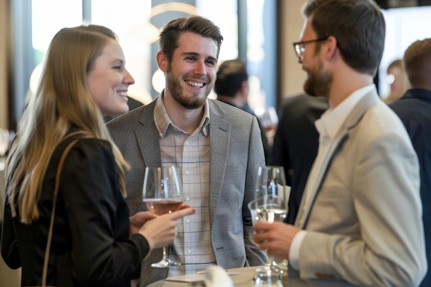 Business professionals network and socialize at a modern event space A  group of professionals networking at a business event | Premium  AI-generated image