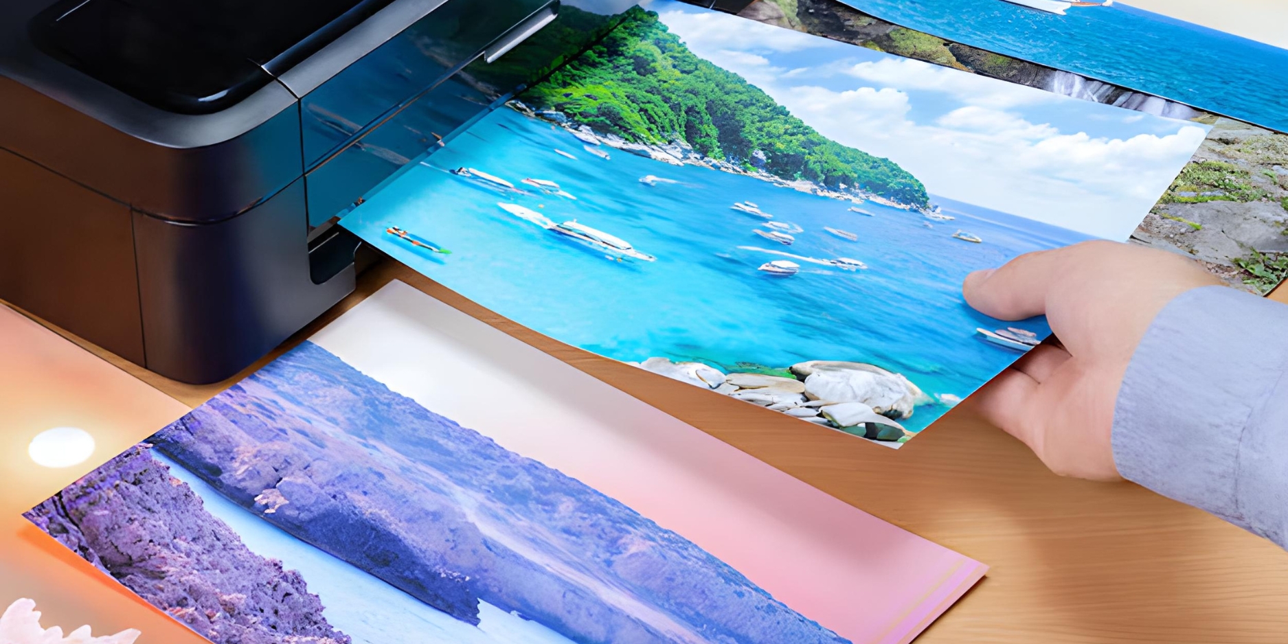 ndustries Benefiting from Digital Printing and Designing A high-quality digital print of scenic landscapes emerging from a professional printer, showcasing industries benefiting from digital printing and designing.