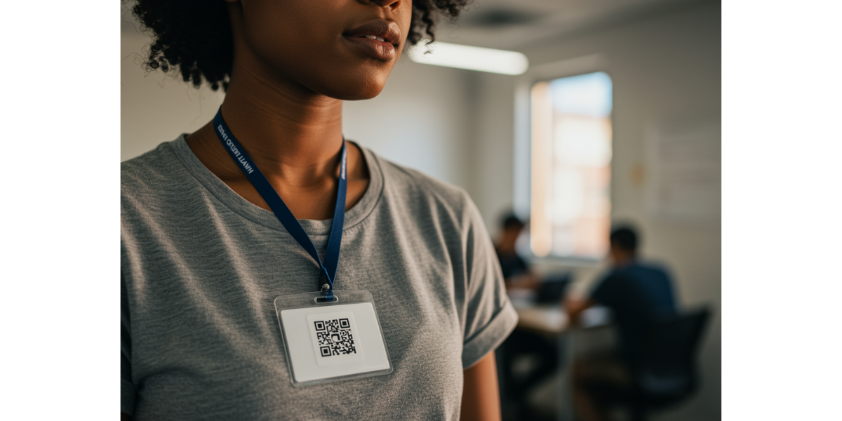 A QR Code name tag around the neck of a person in the form a lanyard.