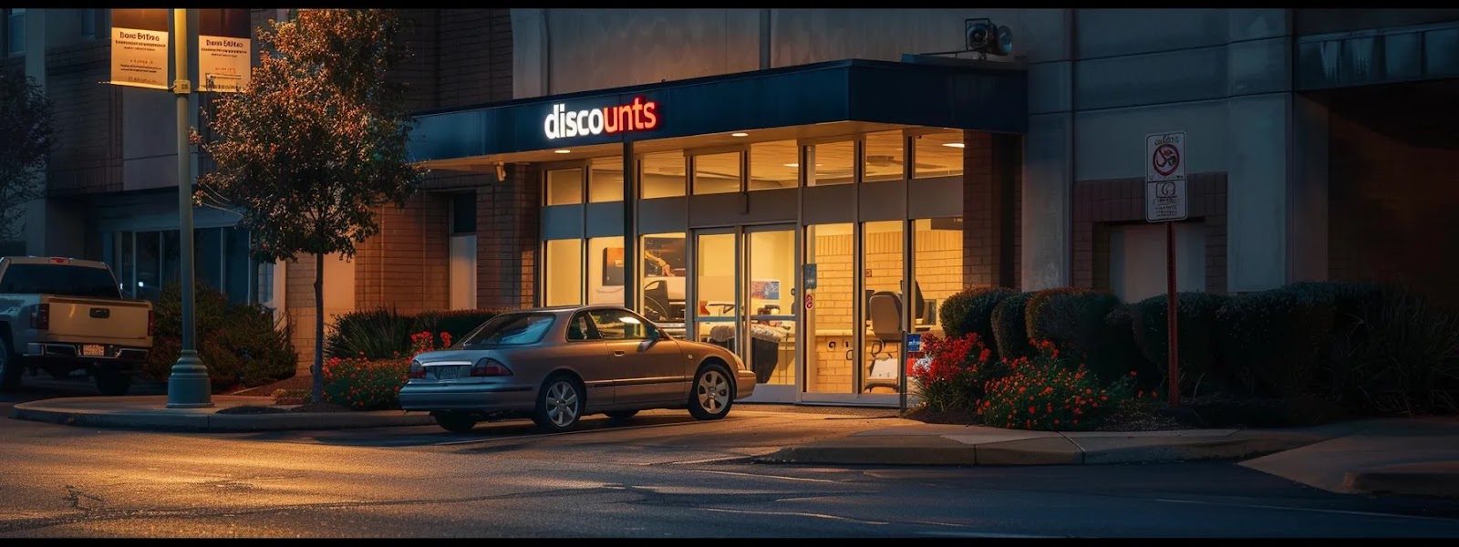 a car parked in front of an insurance office, with a sign displaying 