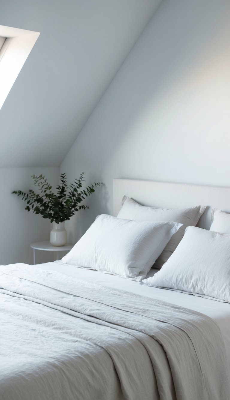 A neatly made bed with crisp white linen sheets, illuminated by soft natural light in a serene white bedroom