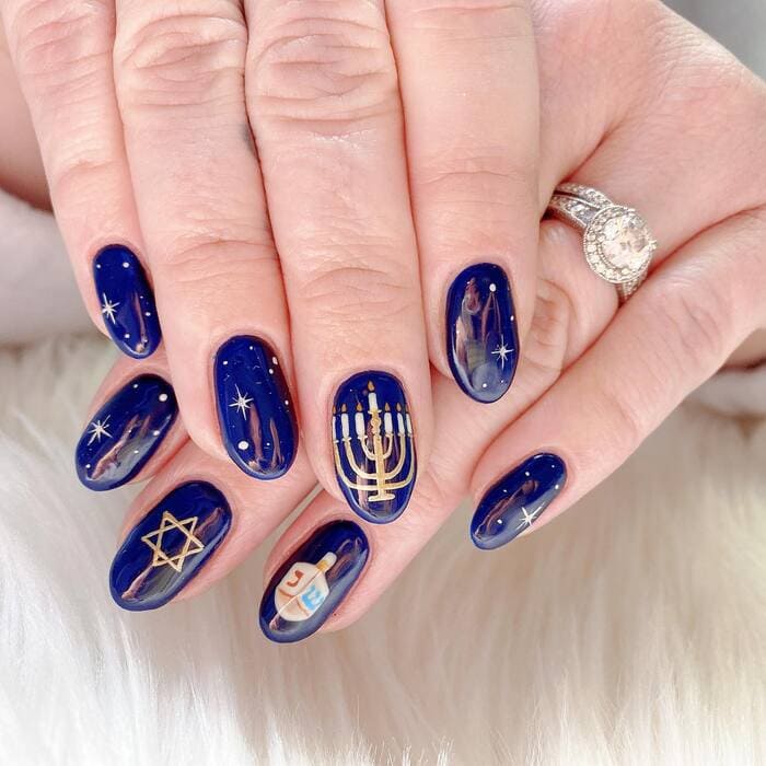 Hanukkah Nail Designs - Dark Blue Oval Nails With Hanukkah Designs