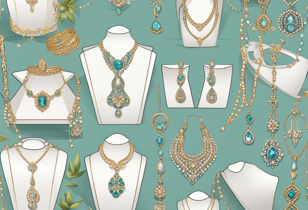 A display of elegant women's necklaces for weddings, showcasing a variety of styles and designs