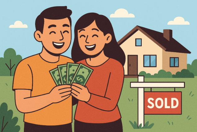 a happy couple getting cash from a home sale