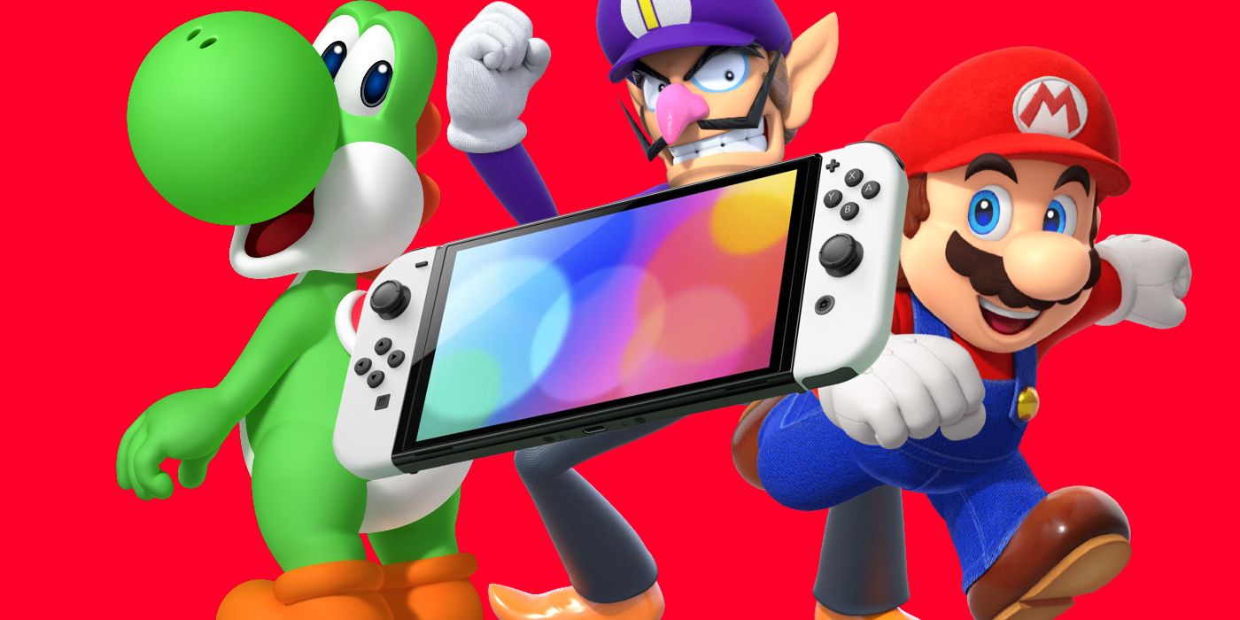 Mario, Yoshi, dan Waluigi mengelilingi Nintendo Switch.