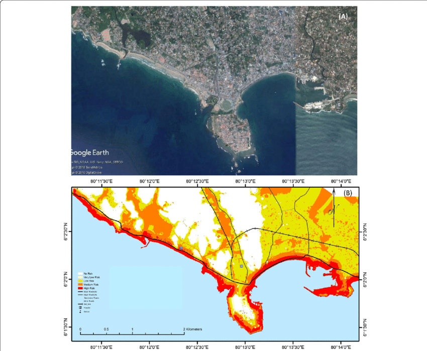 (a) Satellite image of Galle, and (b) risk assessment map of the area