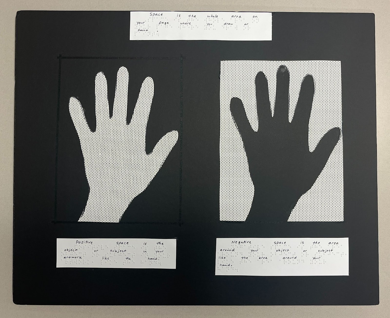 Positive and negative spaces tactually represented with student hands prints.