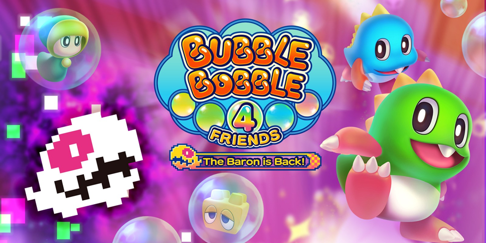 The Official Picture of Bubble Bobble 4 Friends: The Baron is Back! with its characters, One of best arcade games for switch