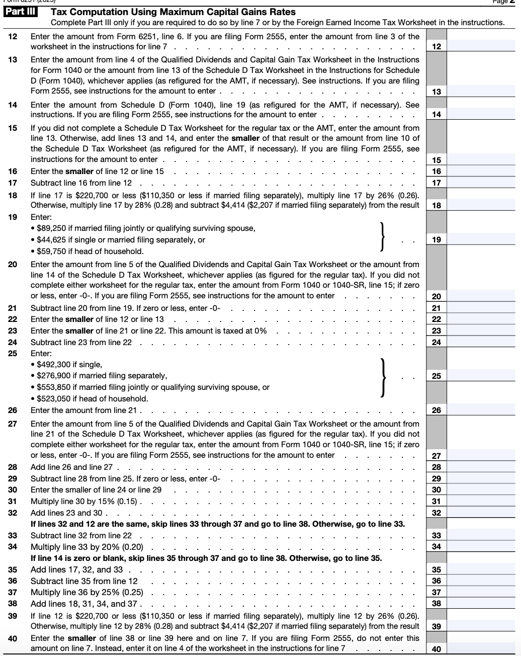 A screenshot of Part III of Form 6521 — Tax Computation Using Maximum Capital Gains Rates. 