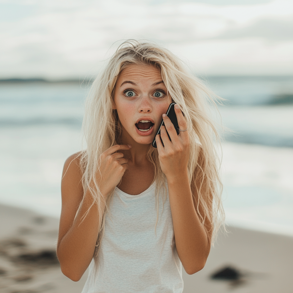 A shocked woman talking on her phone | Source: Midjourney