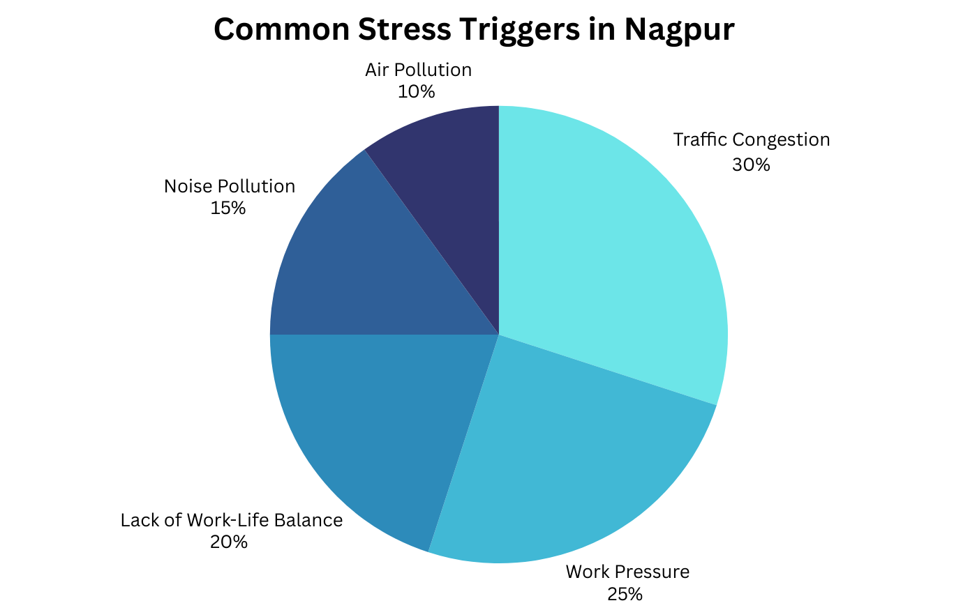 Pie chart showing common stress triggers in Nagpur: traffic, work pressure, noise, pollution, and balance.