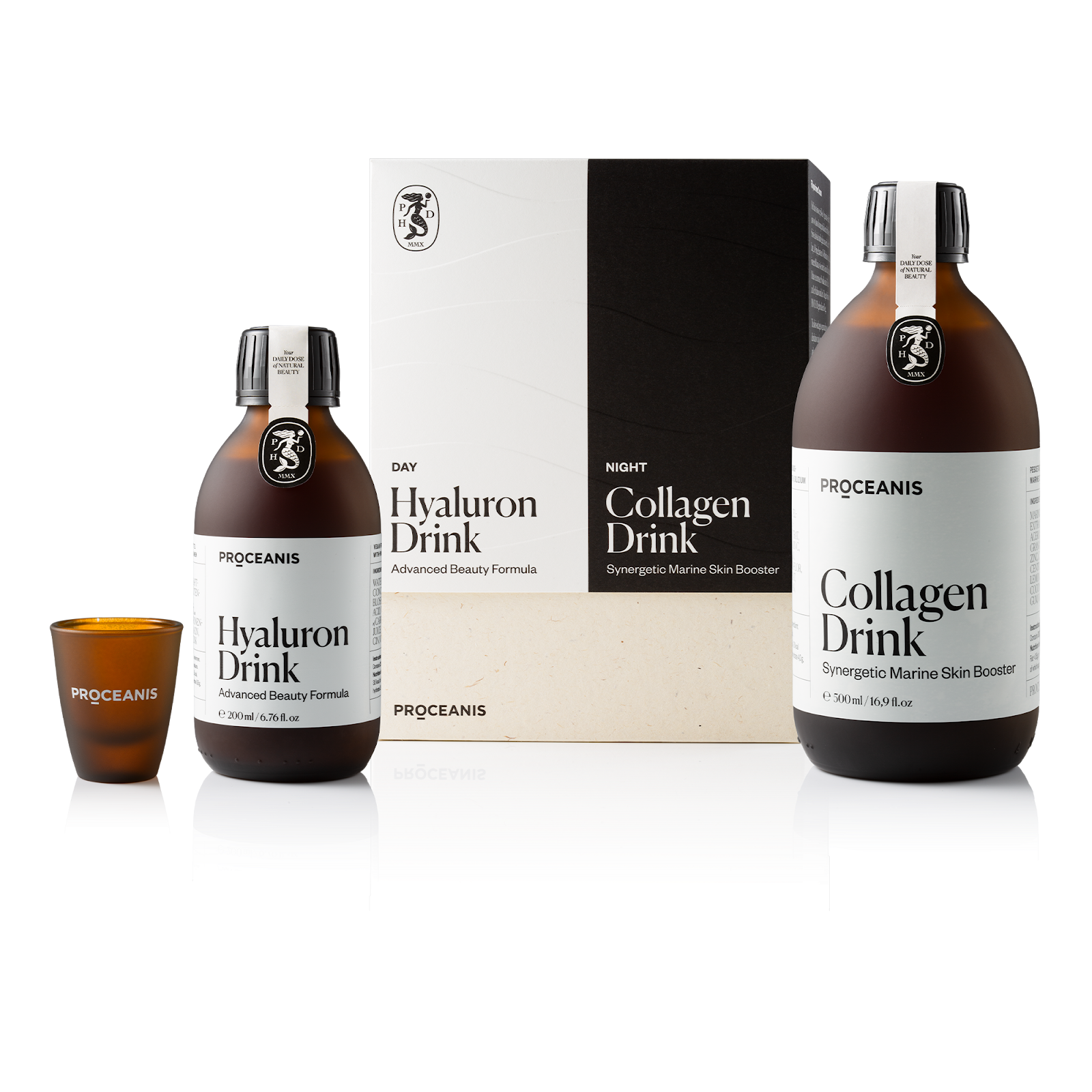 Bottles of collagen drink and a box

Description automatically generated