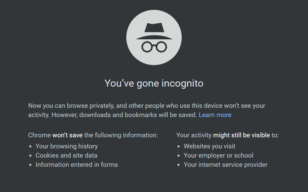 incognito mode welcome screen on Google Chrome