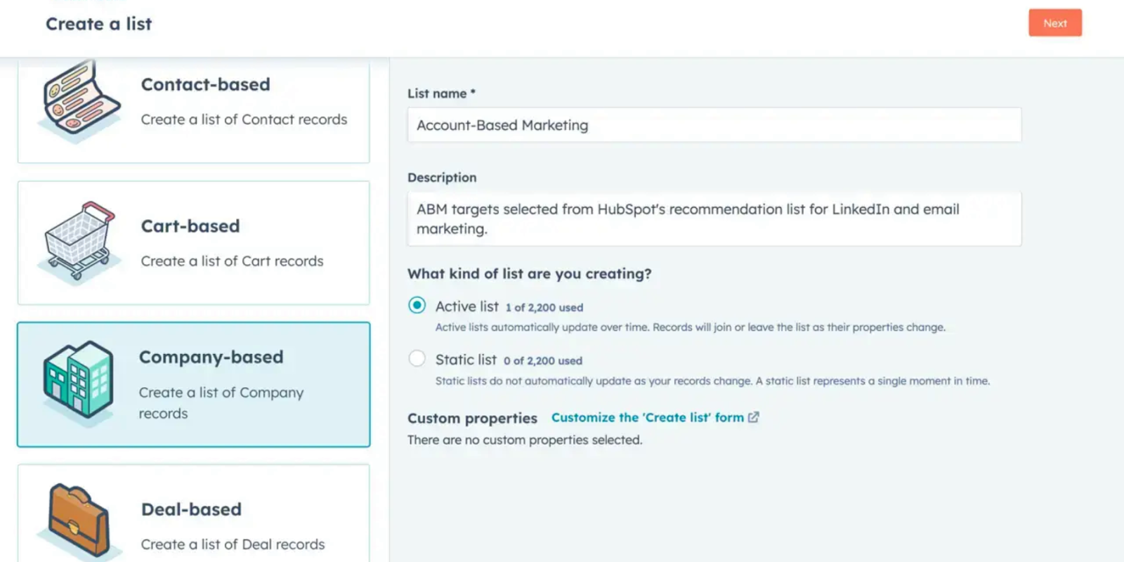 Screenshot of HubSpot’s interface showcasing Company Scoring & Custom Properties, which help prioritize target accounts in ABM.