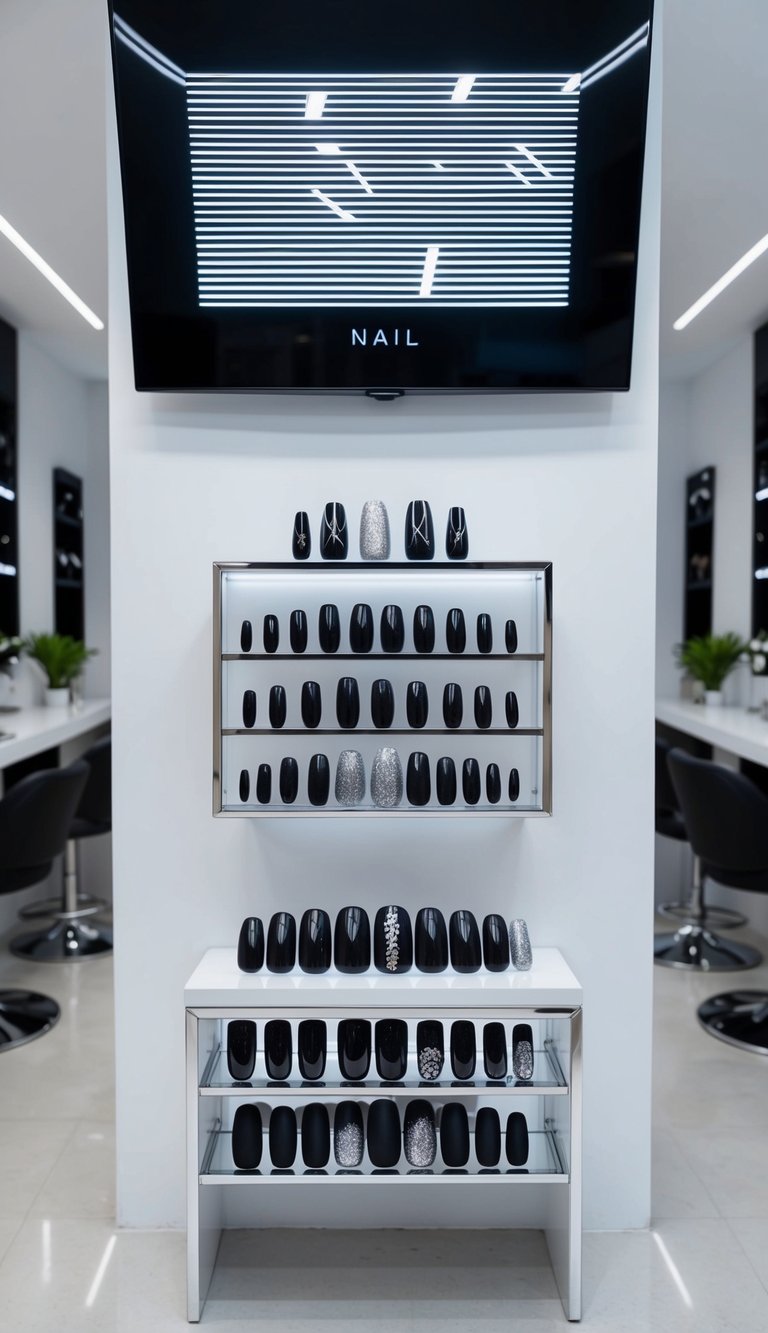 A sleek, modern nail salon with black and silver decor. Trendy black nail designs displayed on a minimalist shelf