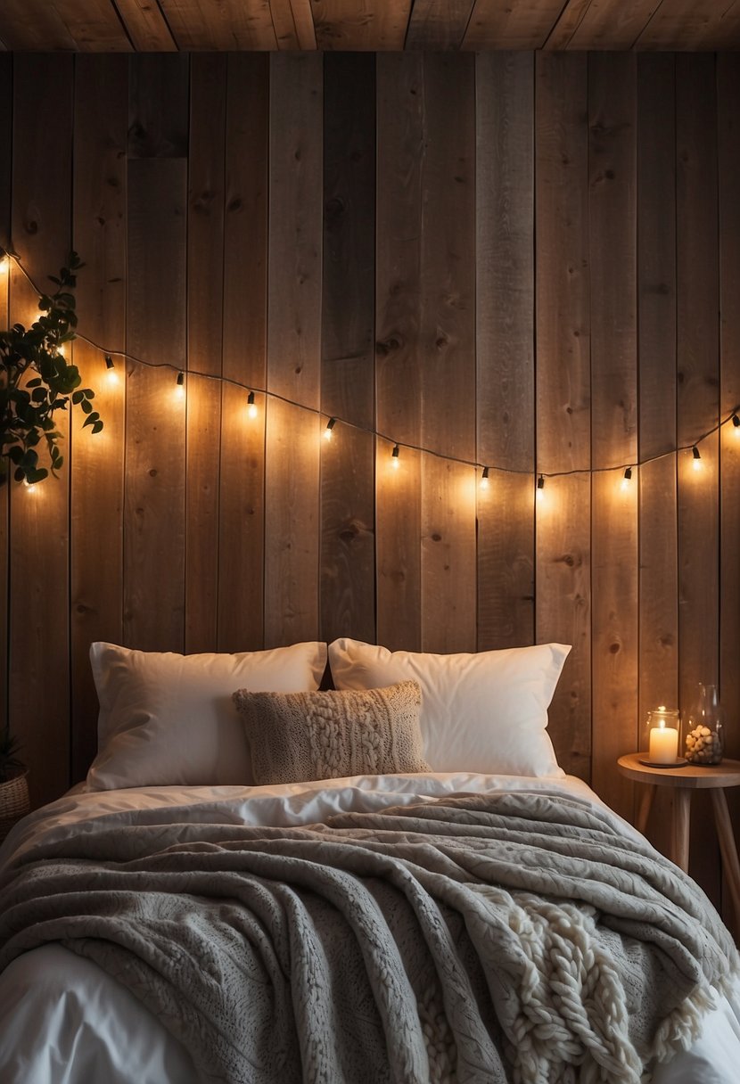 A rustic wooden headboard stands against a whitewashed wall, adorned with string lights and a cozy throw blanket. The warm, inviting atmosphere is enhanced by the soft glow of the lights