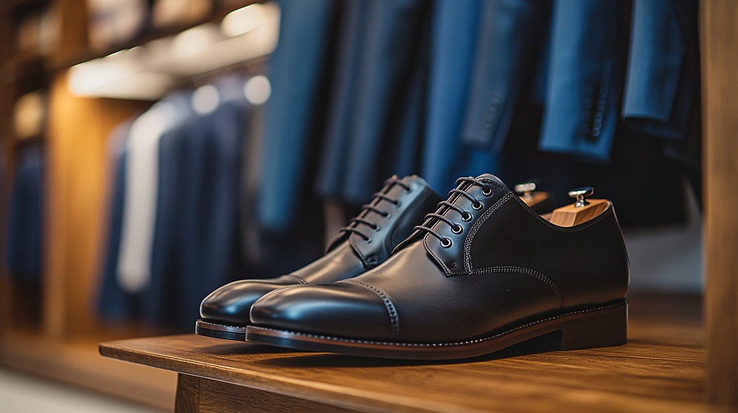 A pair of sleek black Derby shoes displayed on a clean, neutral-colored surface, with a variety of blue suits--from light blue to navy--neatly hanging in a closet or on a rack in the background, creating a semi-formal and stylish atmosphere.