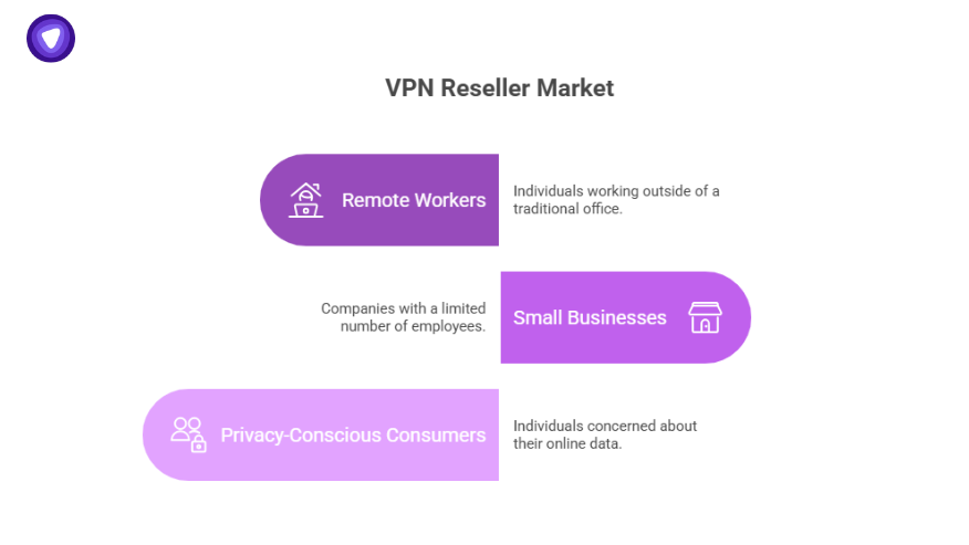 VPN statistics visual showing VPN reseller market segments including remote workers, small businesses, and privacy-conscious consumers.