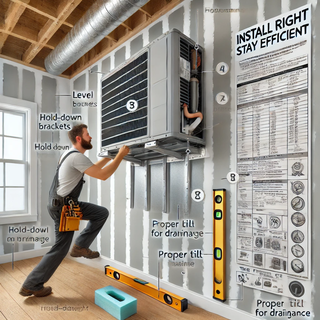 HVAC technician installing a PTAC unit in a wall sleeve with proper tilt, brackets, and insulation, illustrating best practices for long-term performance.