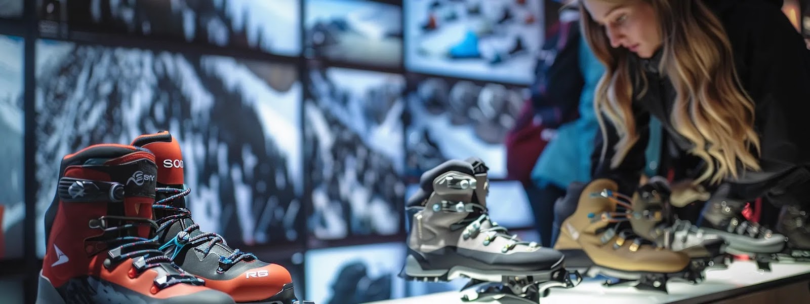 a woman trying on a pair of women's backcountry ski boots, surrounded by various models showcasing unique attributes for comfort and performance.