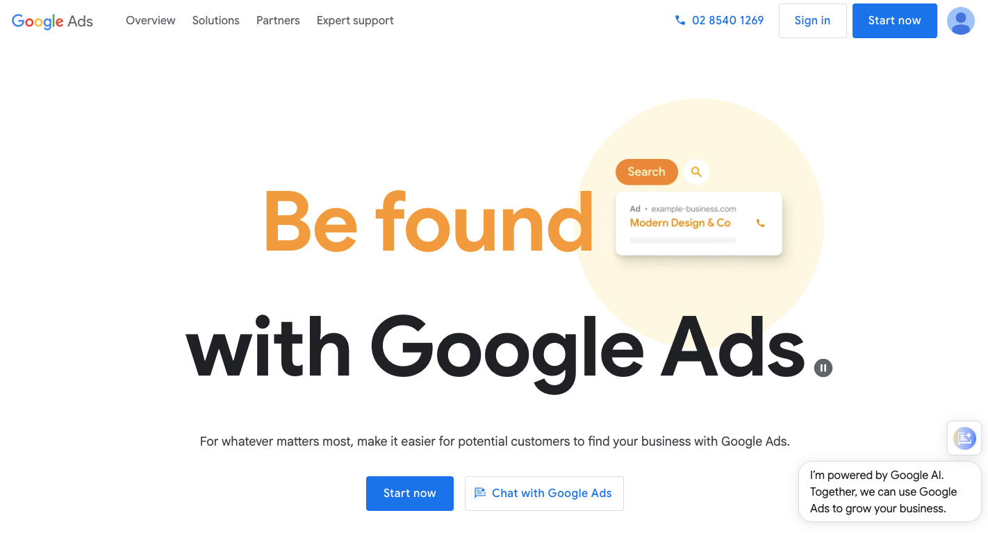 Homepage of Google Ads promoting business visibility through search advertising, featuring a mock search ad and highlighting the value of using Google Ads data to reach customers more effectively.