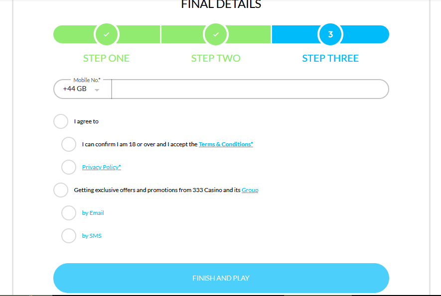 333 Casino sign up - step four