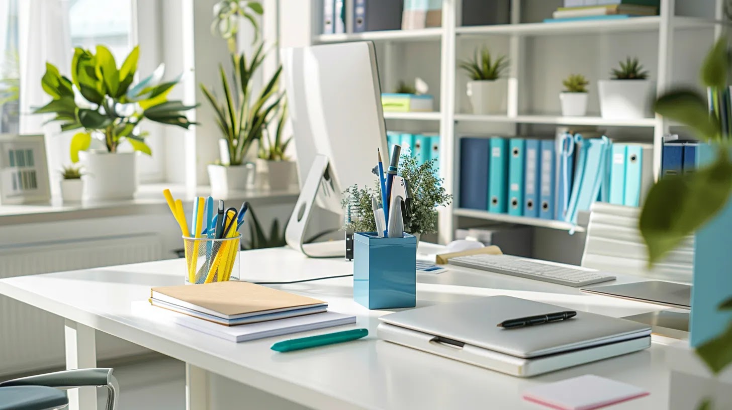 a bright, modern office space is meticulously organized, featuring a sleek desk adorned with minimalist decor, vibrant cleaning supplies, and strategically placed storage solutions, symbolizing a fresh start for a healthier, clutter-free lifestyle.