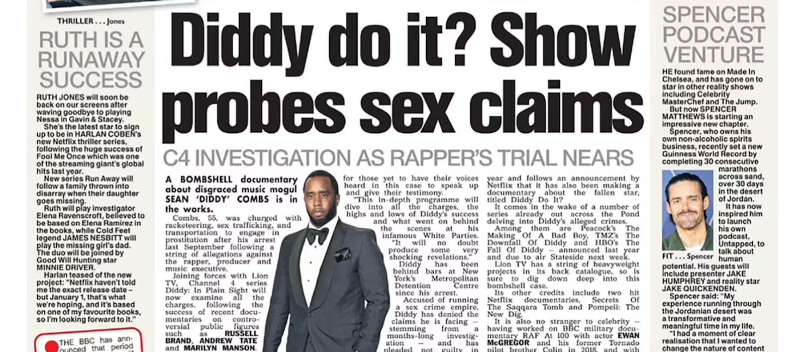 Newspaper article clipping covering allegations and legal proceedings involving Sean ‘Diddy’ Combs