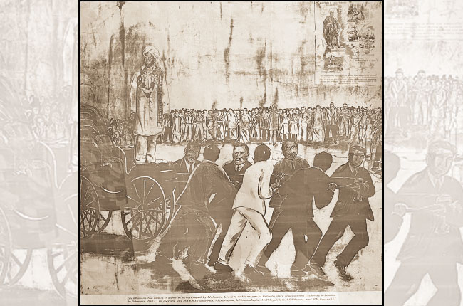 An artist’s impression of Sir Ponnampalam Ramanathan being drawn in a chariot by Sinhala leaders, including D.S. Senanayake, F.R. Senanayake, A.E. Gunasinghe, E.W. Perera, and others, upon his return to Ceylon from London, after representing the Ceylonese. Courtesy: JRJ Centre Library.