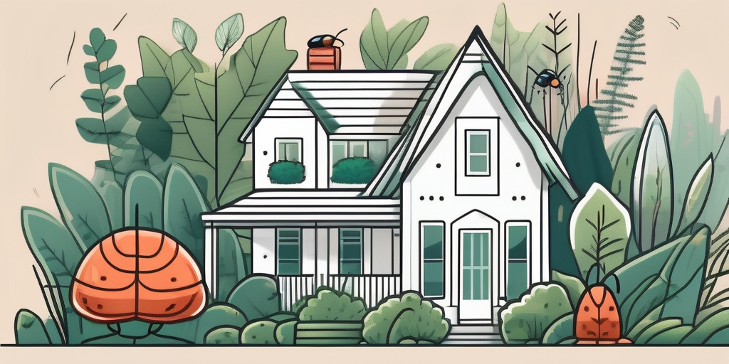 a cozy home surrounded by a lush garden, with various common pests like ants, cockroaches, and termites being kept at bay by a shield-like barrier, symbolizing effective pest control services, hand-drawn abstract illustration for a company blog, white background, professional, minimalist, clean lines, faded colors