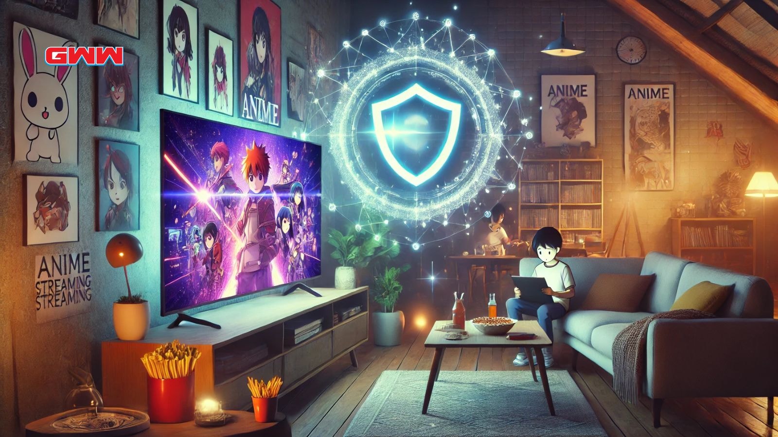 A cozy and secure scene representing the safety of an anime streaming platform.