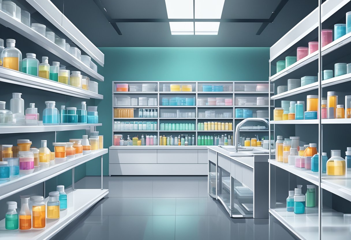 A serene, modern laboratory with shelves of neatly organized serums and scientific equipment. Bright lighting and a clean, minimalist aesthetic convey a sense of professionalism and expertise