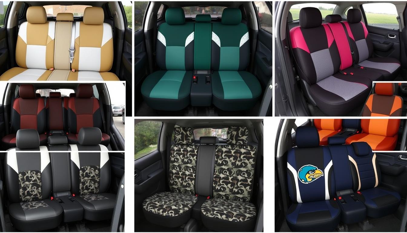 Various customization options for custom car seat covers including colors and patterns