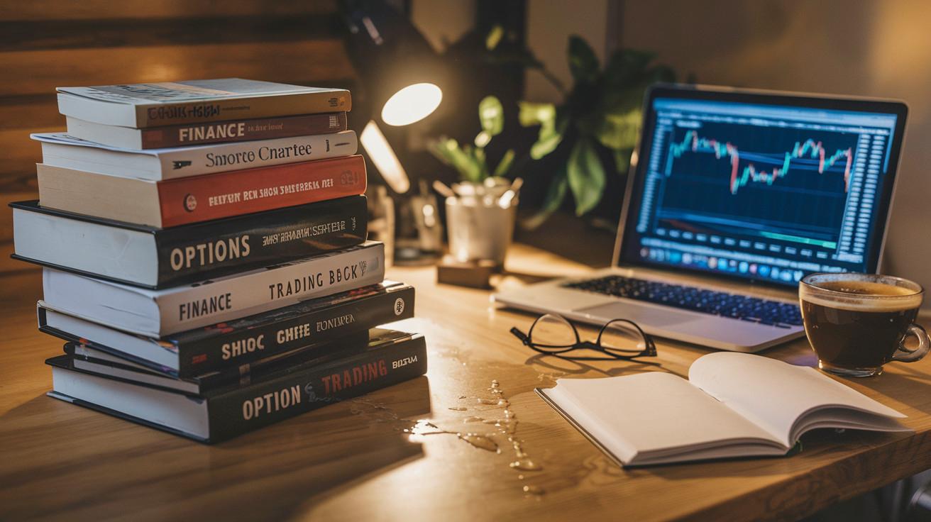 Create a realistic image of a stack of finance and options trading books on a wooden desk, with a laptop displaying stock market charts, a cup of coffee, and a pair of glasses nearby, illuminated by warm, soft lighting to create a studious atmosphere.