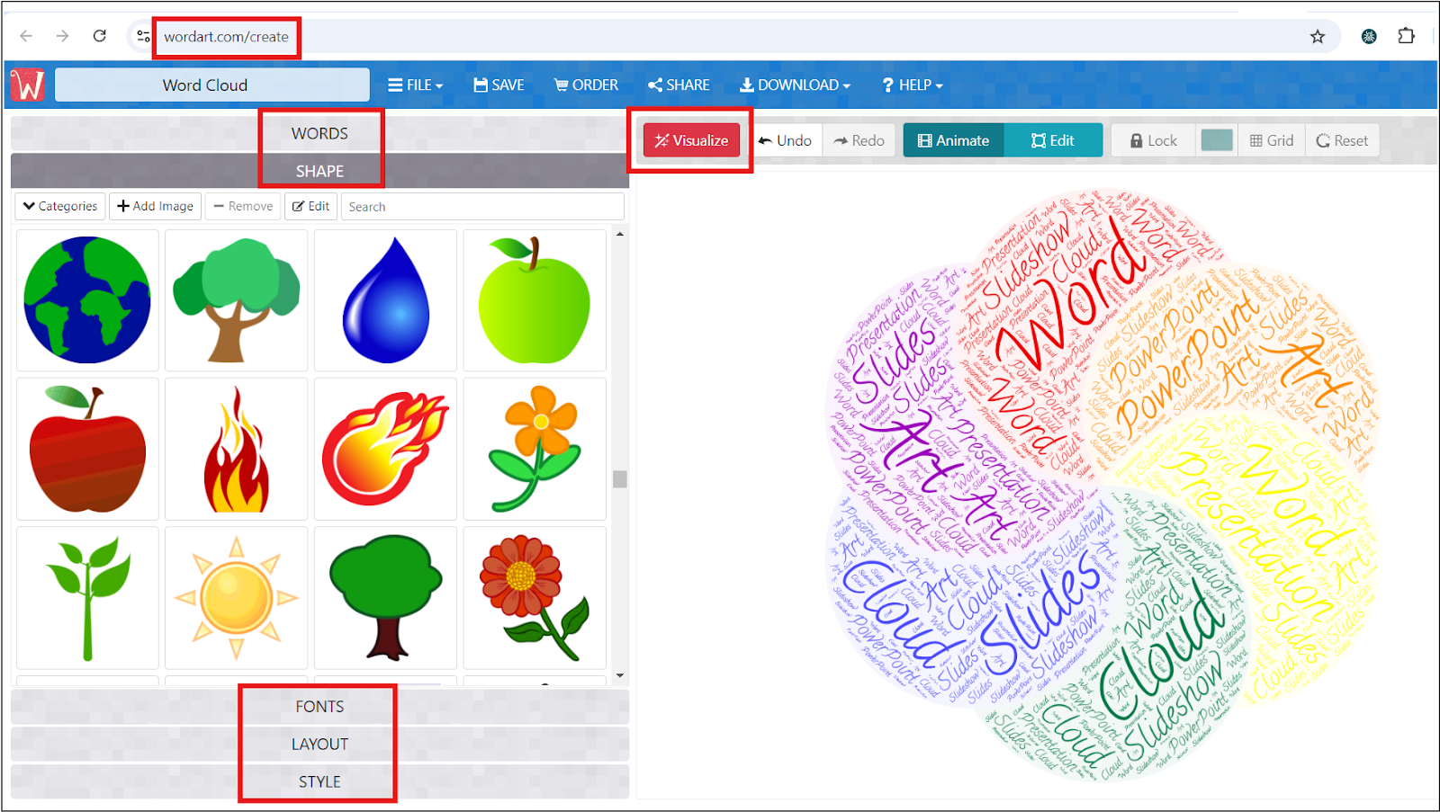 Wordart.com window with a sample multicolor word cloud. Words, Shape, Fonts, Layout, Style, & Visualize are highlighted. 