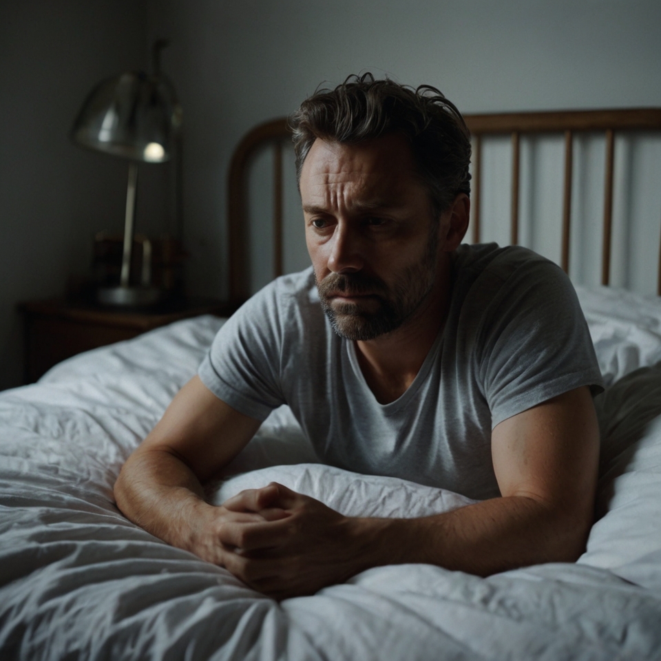 Man sitting on the edge of his bed with head in hands, reflecting emotional pain and vulnerability