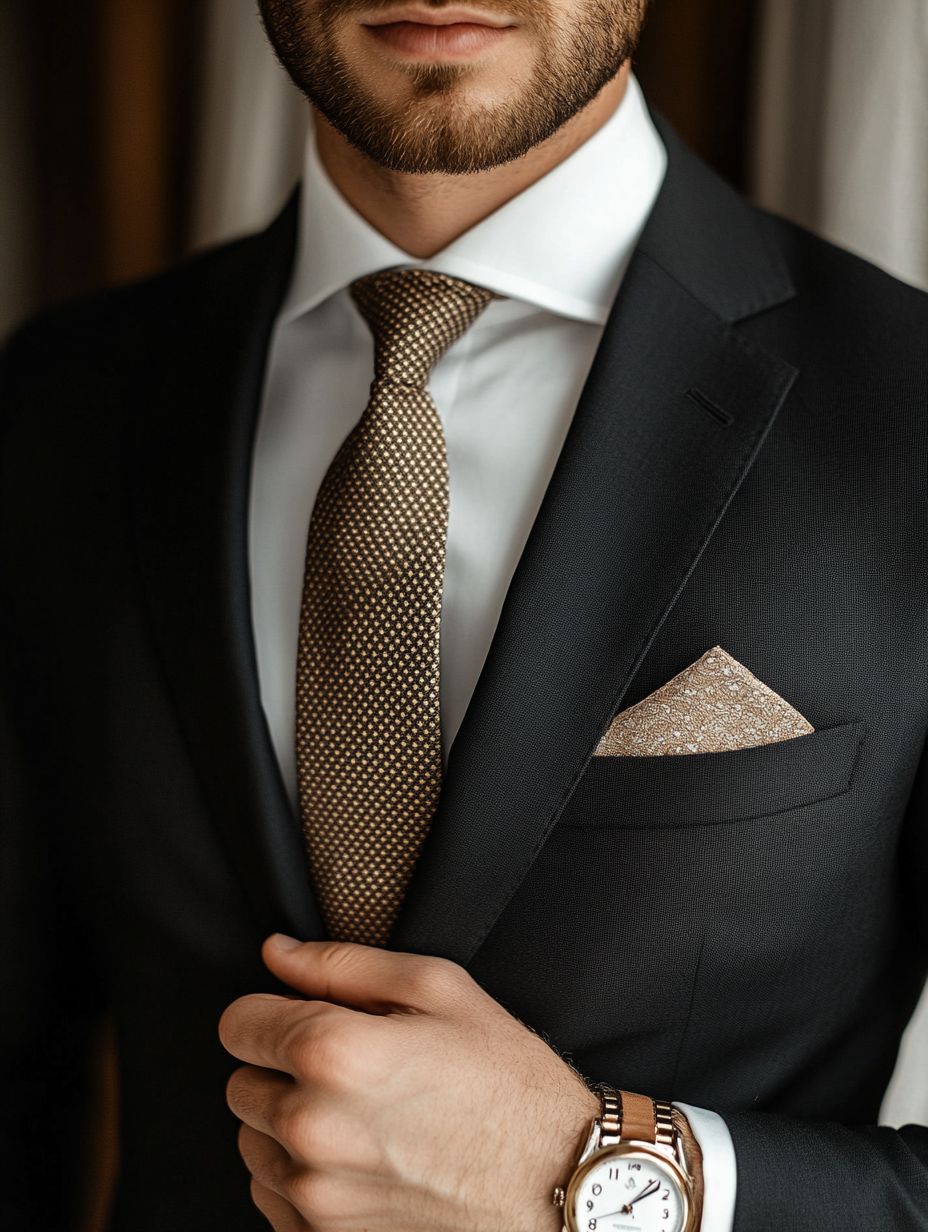 
Young man wearing a well-fitted suit, accessorized with a stylish tie or bowtie. The tie is either a solid color, such as black or navy, or features a subtle patterned design, adding personality to the outfit. He complements the look with a neatly folded pocket square, a classic watch, and sophisticated cufflinks. These accessories enhance the sharp, polished look, making it perfect for a homecoming event, combining elegance and individuality.