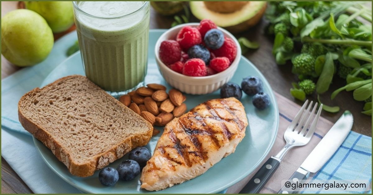 Plate with grilled chicken, almonds, bread, and fruits; green smoothie; text about nutrition and hair health.