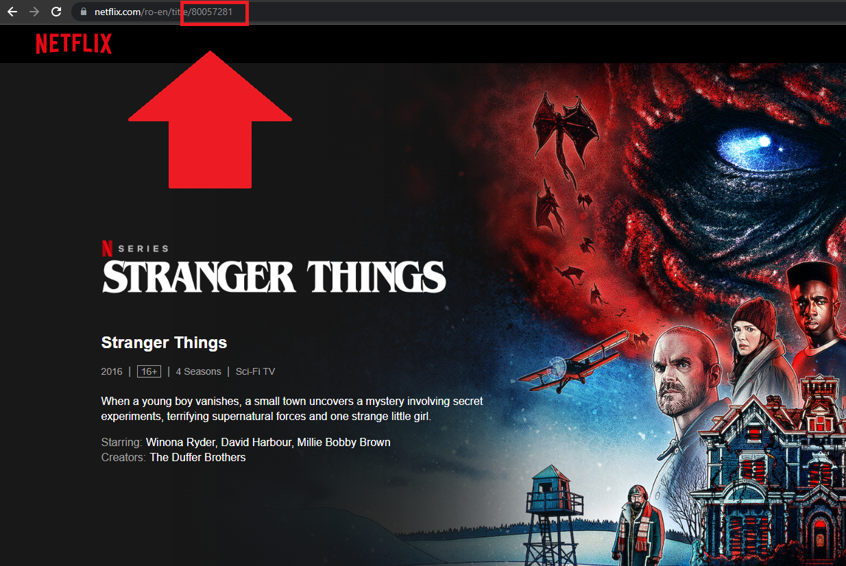 A Netflix browser showing where to find the title ID.
