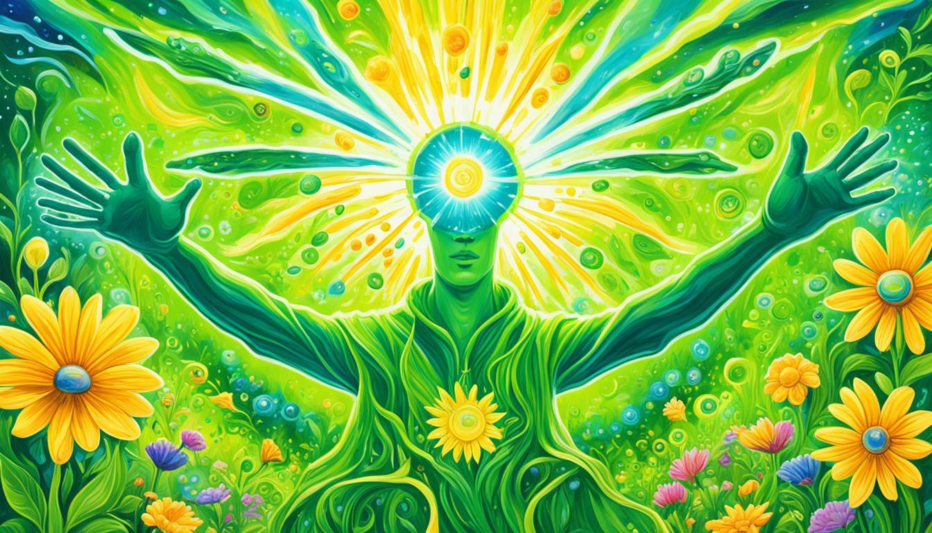 An image of a person writing the number sequence "369" in bright yellow on a piece of paper. Above the person's head, visualize a golden aura and a stream of green energy flowing down from the universe towards their outstretched hand. In the background, show a lush green field with vibrant flowers blooming. Symbolize abundance and prosperity by depicting a overflowing pot of gold coins near the person.