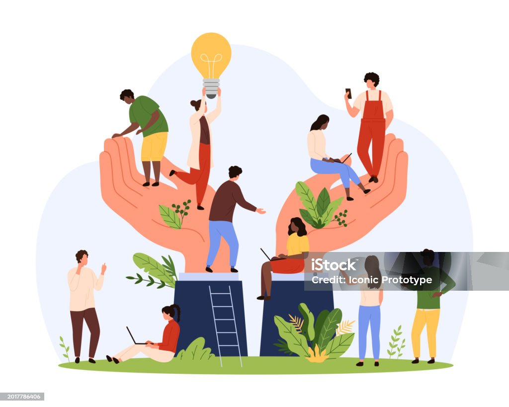 Support and care for benefits and wellbeing of employees from corporate leaders hands Support and care for benefits and wellbeing of employees from corporate leader. Giant hands of employer hold tiny people and plant leaves, protect office workers and staff cartoon vector illustration Adult stock vector