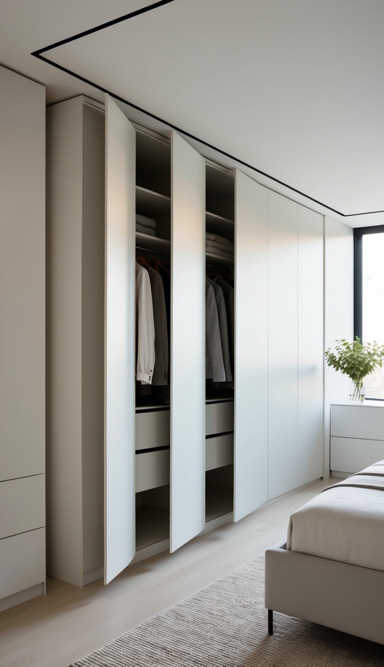 A sleek, open wardrobe in a minimalist bedroom with clean lines and neutral colors