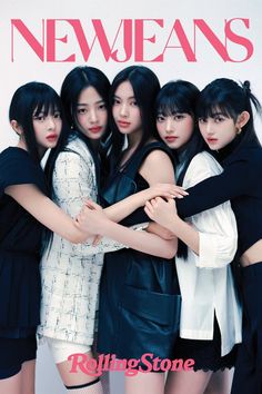 This may contain: four young women posing together in front of a magazine cover with the words news on it