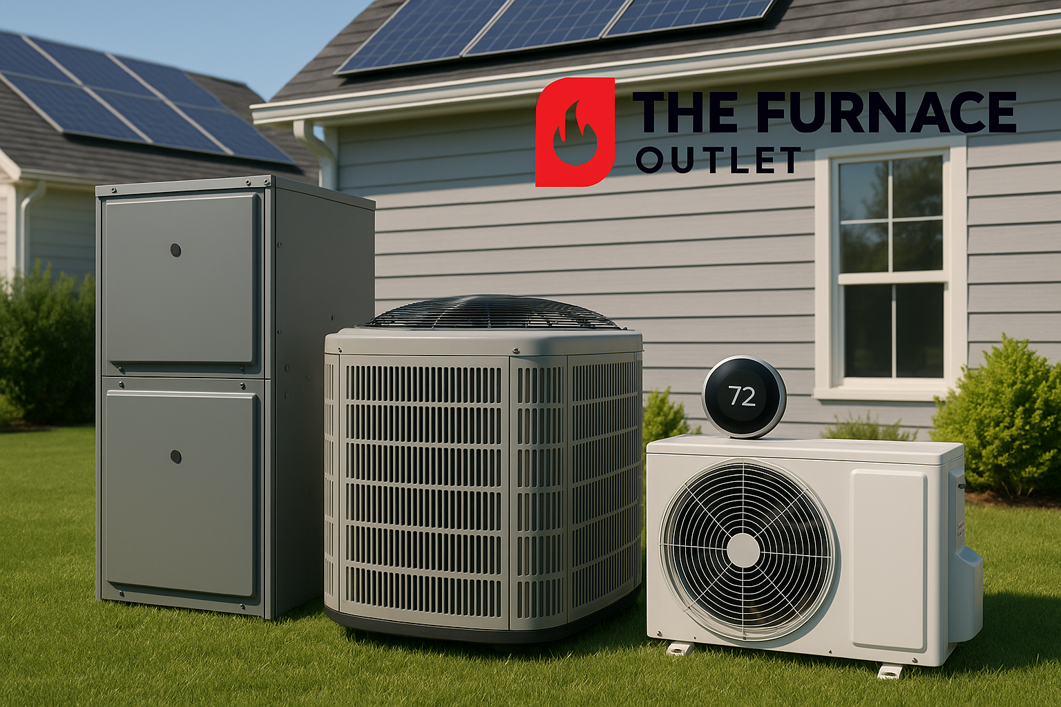 A high-resolution digital photograph taken during the day shows a modern home with solar panels and energy-efficient HVAC equipment—including a furnace, central air conditioner, ductless mini-split, and smart thermostat—positioned on a clean lawn, branded with The Furnace Outlet logo