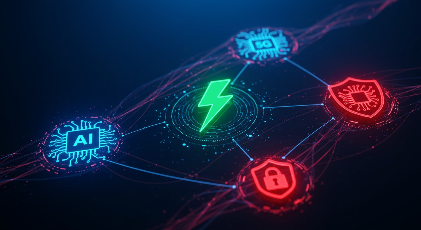 Visual representation of leading-edge telecom technology including AI, 5G, and cybersecurity.