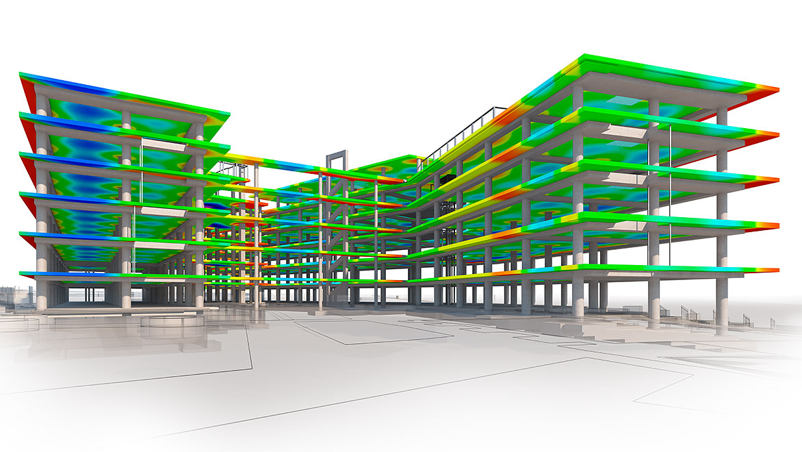 A digital 3D BIM model of a multi-story building structure with rainbow-colored heat maps on floors and beams, indicating stress or load distribution.