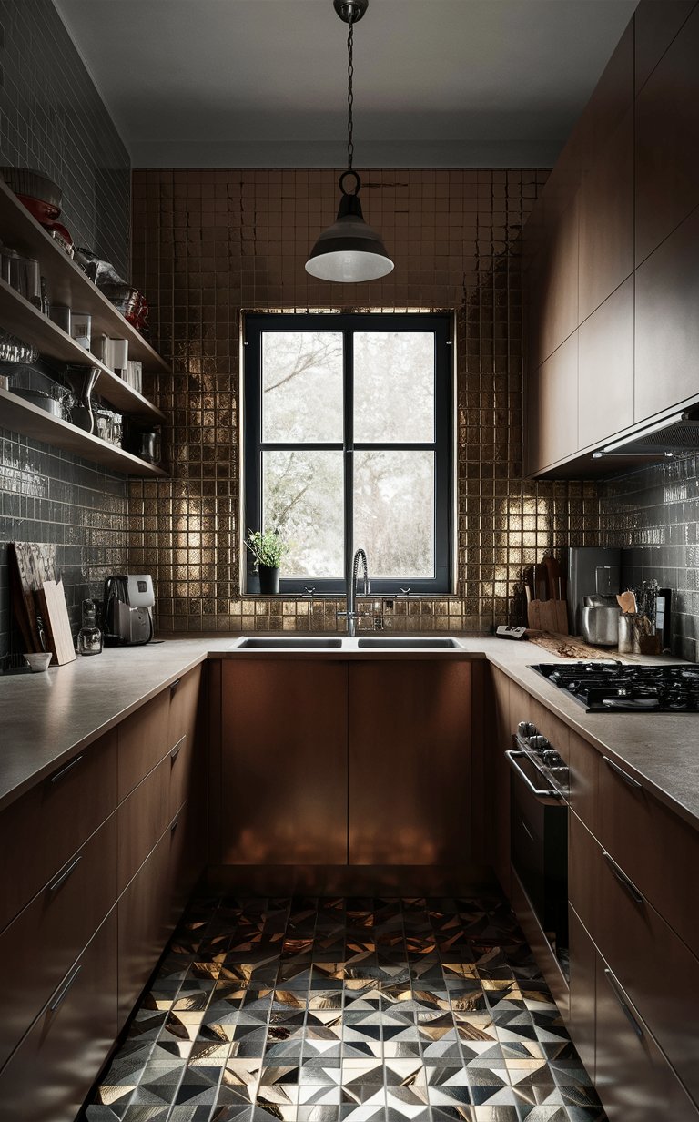  Metallic tiles can add a touch of glamour to a small kitchen. Their reflective surface enhances light, while the metallic finish brings a modern industrial feel.