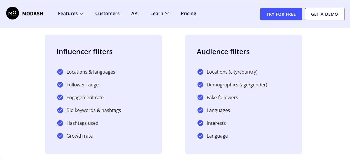 Modash filtering options